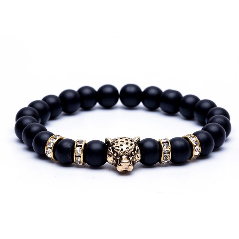 8mm Naturstein Lava Stein Perlen Armband für Männer Leopard Kopf Leopard Anhänger Charme Armband handgemachten Schmuck