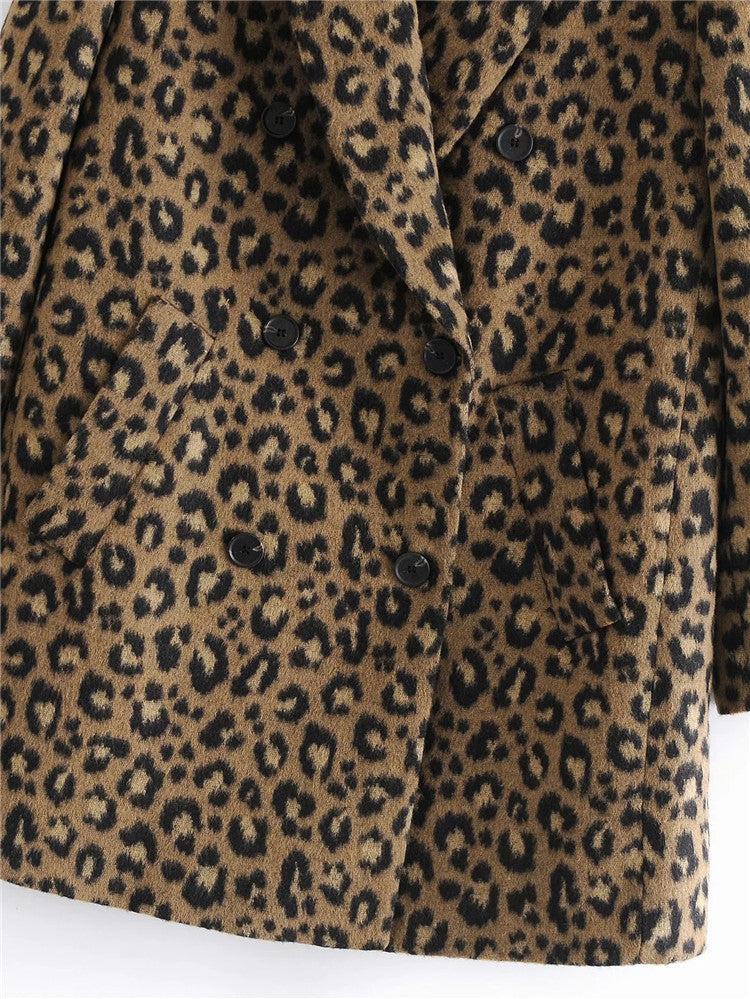 Sexy leopard print European and American style casual simple mid-length woolen jacket