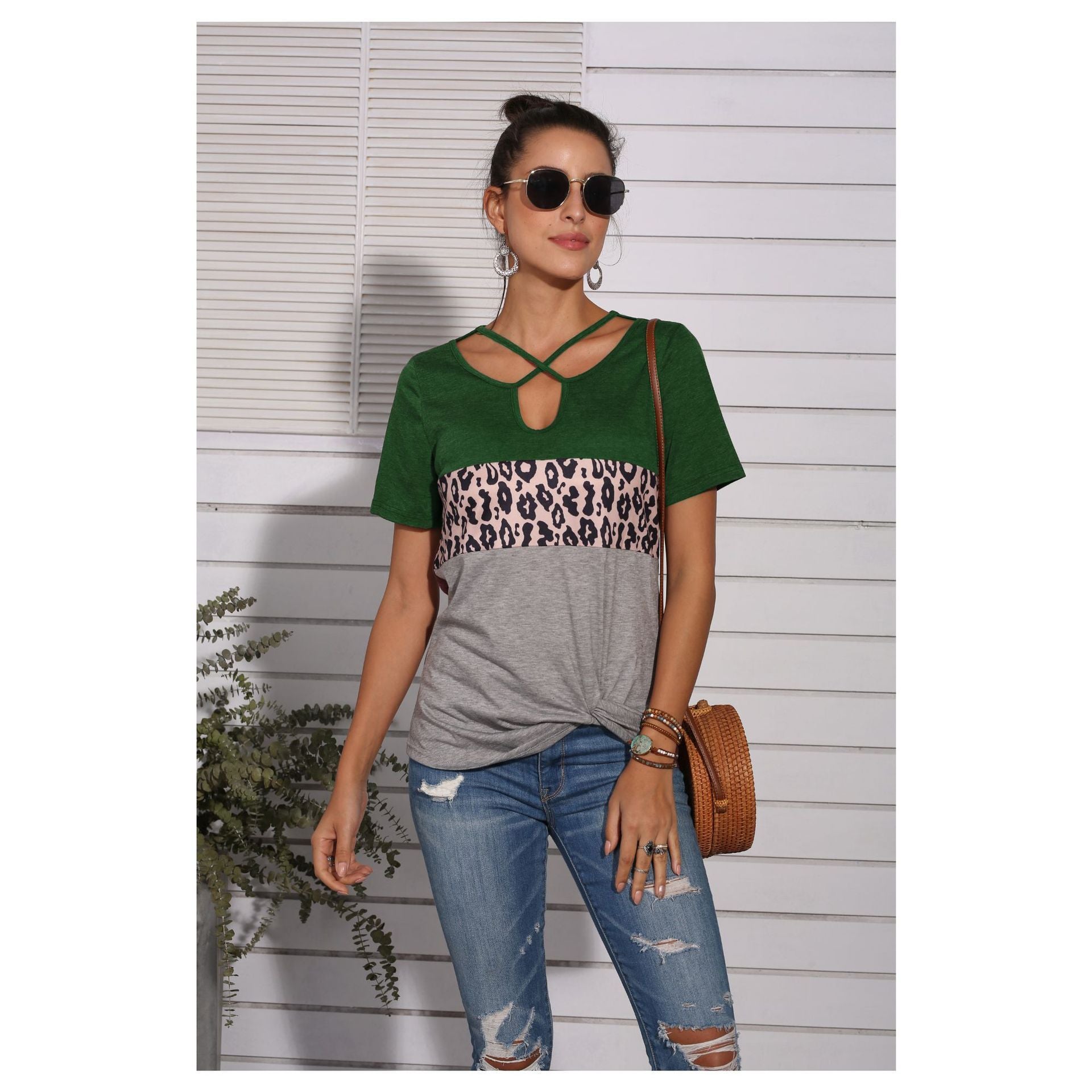 Leopard stitching cross strap short sleeve