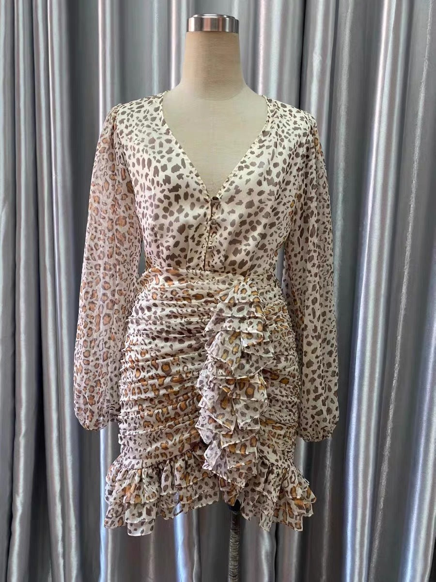 Leopardenmuster V-Ausschnitt Fledermausärmel gerafftes schlankes Damenkleid