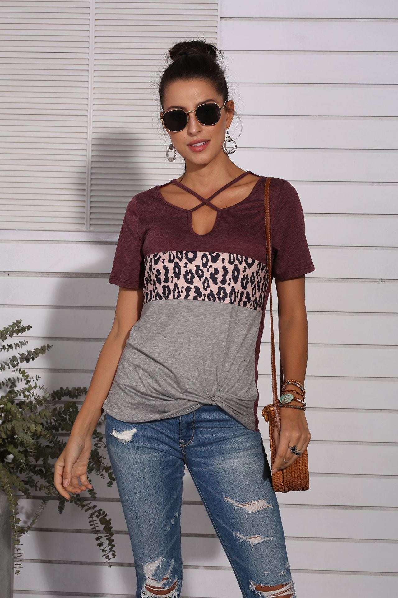 Leopard stitching cross strap short sleeve