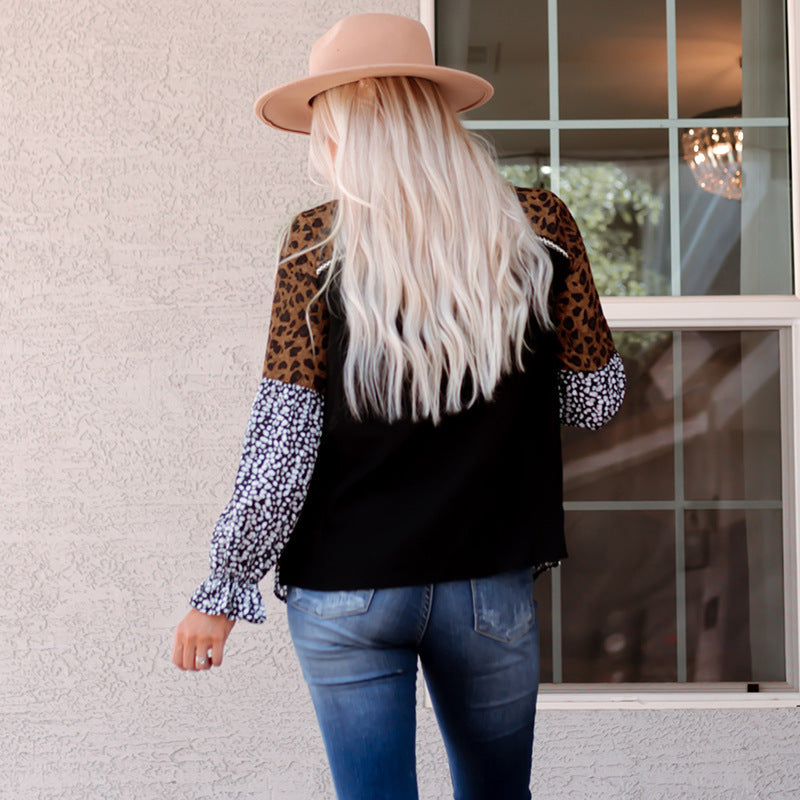 Long Sleeve Pullover Autumn Leopard Print Collar Fashion Ribbon Women's Chiffon Shirt