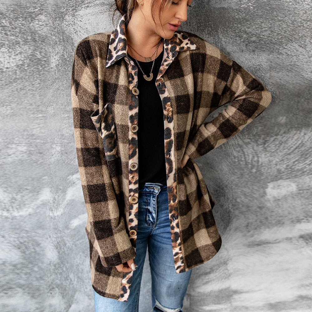 Explosive Houndstooth Leopard Print Contrast Plaid Long Sleeve Shirt Women