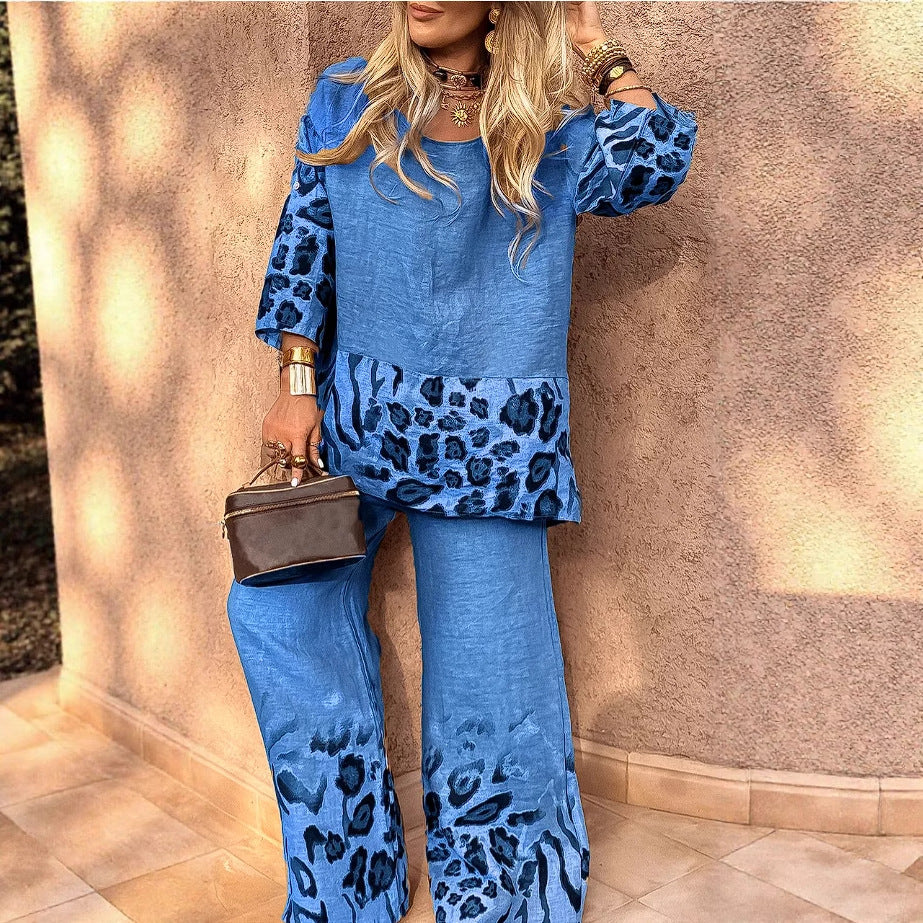 Women's Casual Cool Cotton And Linen Leopard Print Printed Two-piece Suit