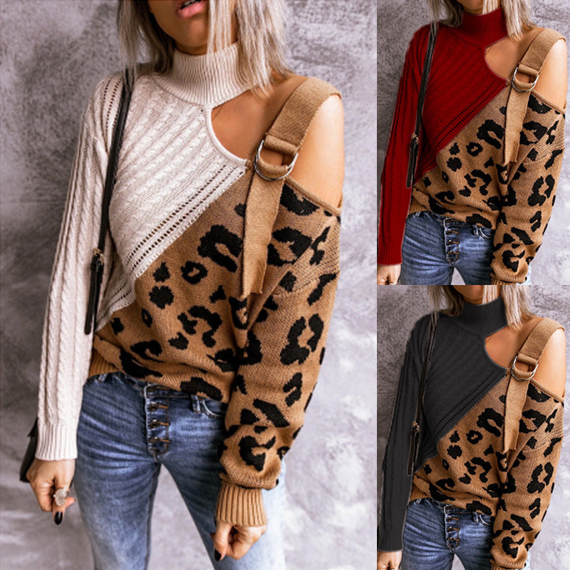 Leopard Pullover Turtleneck Knitted Strap Sweater