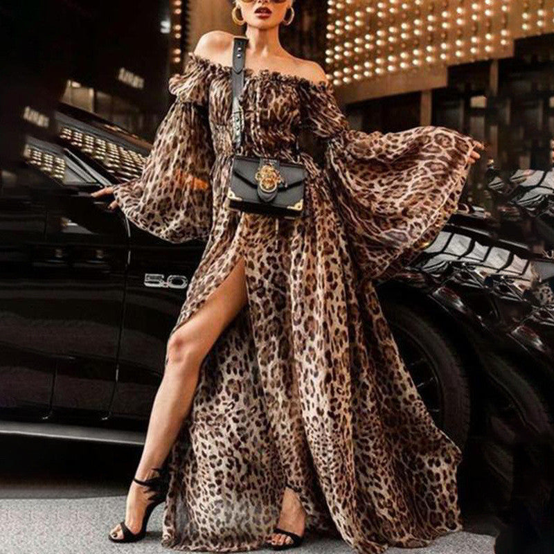 Europäisches und amerikanisches Sexy Kleid mit Leopardenmuster mit einem Halsausschnitt Kleid für Frauen