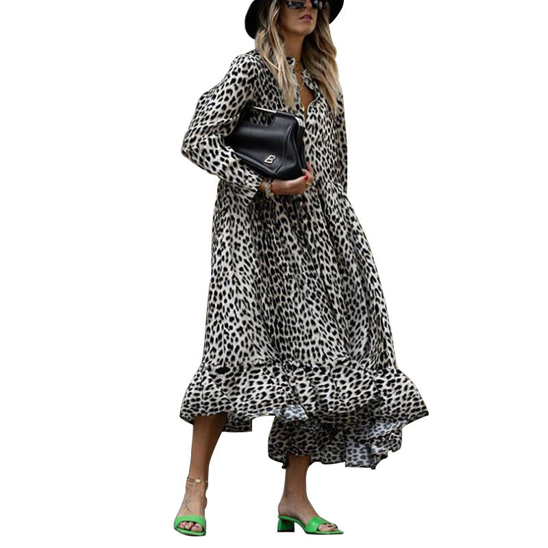 Women's Long Skirt Leopard Print Long Sleeve V-Neck Loose Dress