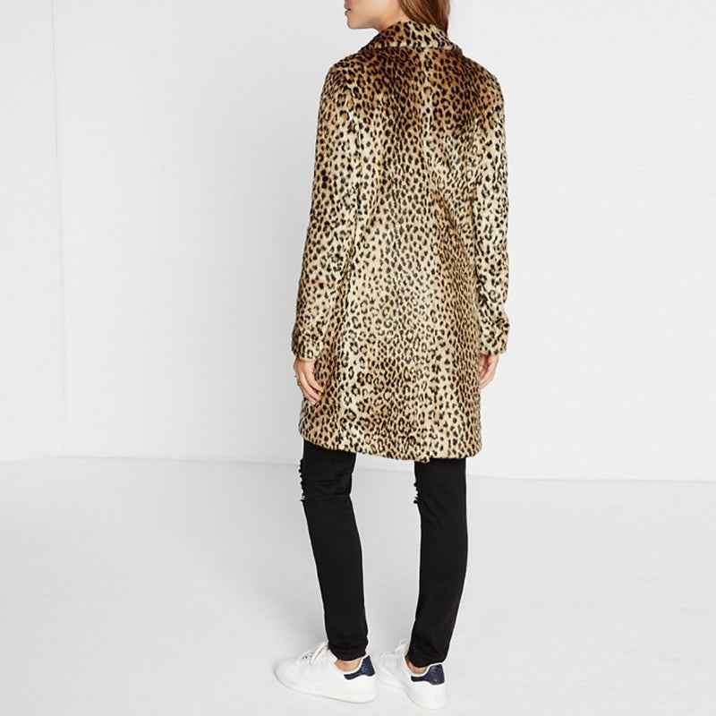 Leopard Print Plush Mid-Length Fur Coat Women's Coat