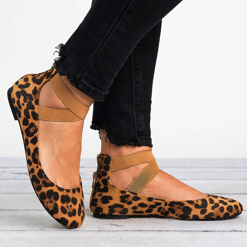 Frauen Frühling Herbst Leopard Print Casual Fashion Weiche Runde Zehe Solide Elastische Riemen Flache Schuhe