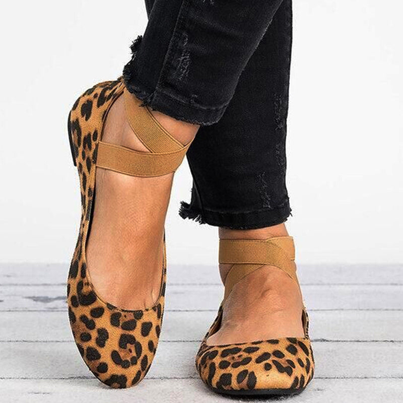 Frauen Frühling Herbst Leopard Print Casual Fashion Weiche Runde Zehe Solide Elastische Riemen Flache Schuhe