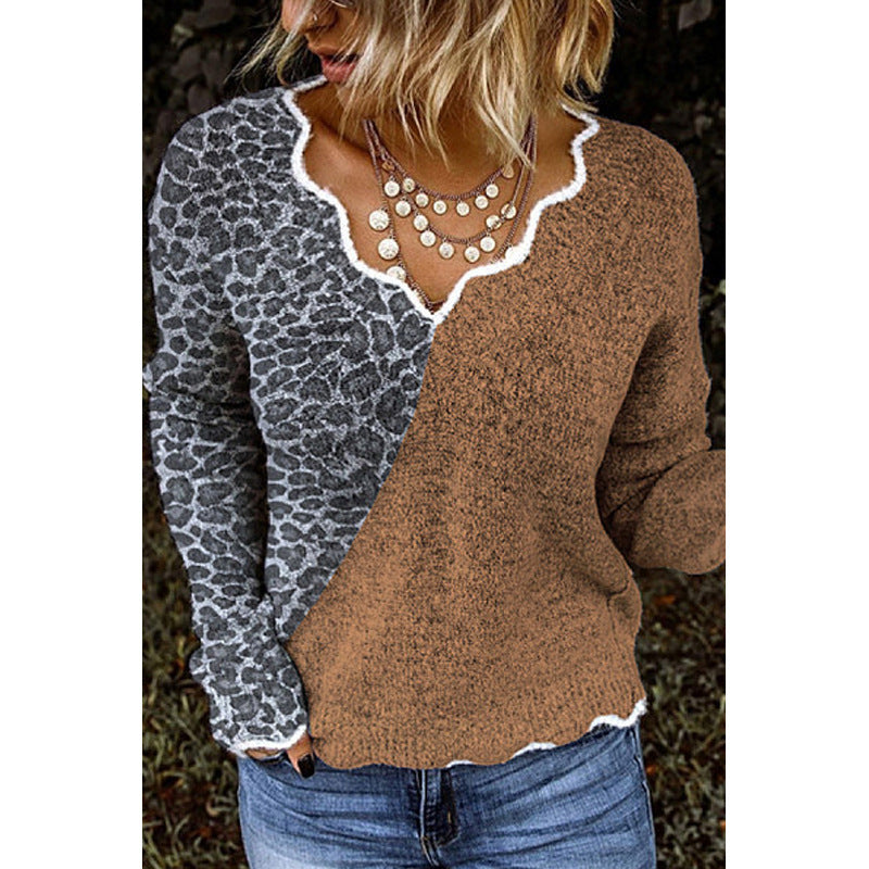 Casual Leopard Print V-Neck Knitted Color Sweater