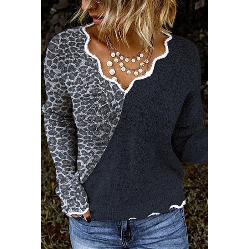 Casual Leopard Print V-Neck Knitted Color Sweater