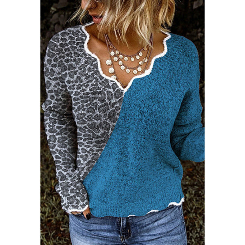 Casual Leopard Print V-Neck Knitted Color Sweater