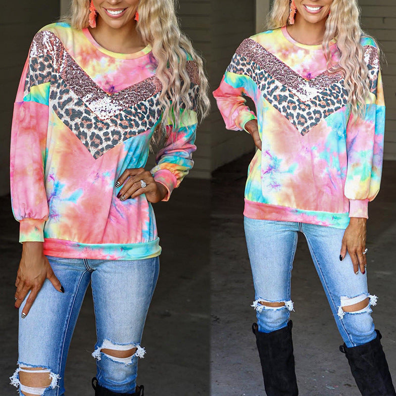 Tie Dye Leopard Print Stitching Long Sleeved Sweater