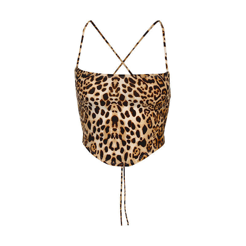 Wild Leopard Print Halter Cross Strap Sexy Vest Tube Top Bottoming Shirt Bare Navel Hot Girl Top for Her