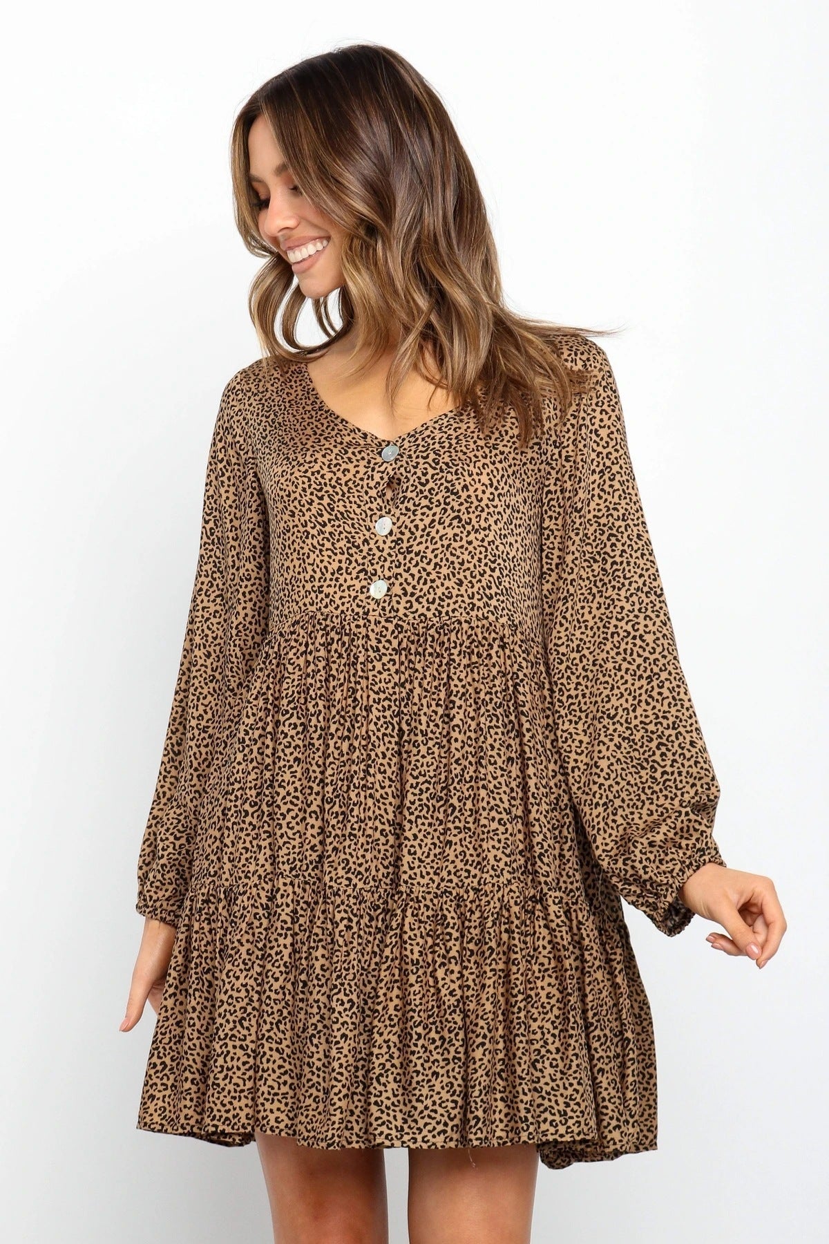 Leopard Print Long Sleeve Loose Dress