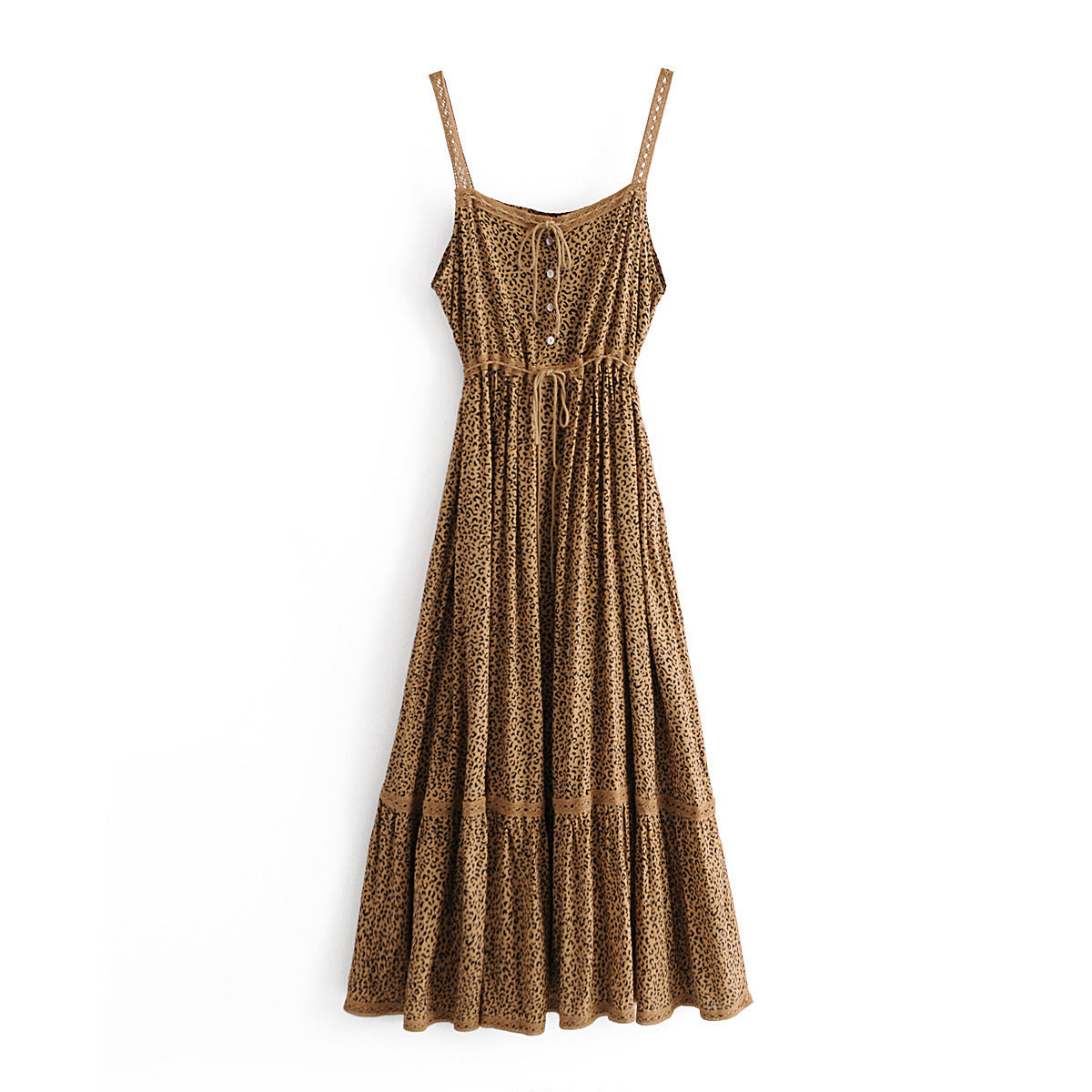 Leopardenmuster-Trägerkleid mit Spitzenbesatz