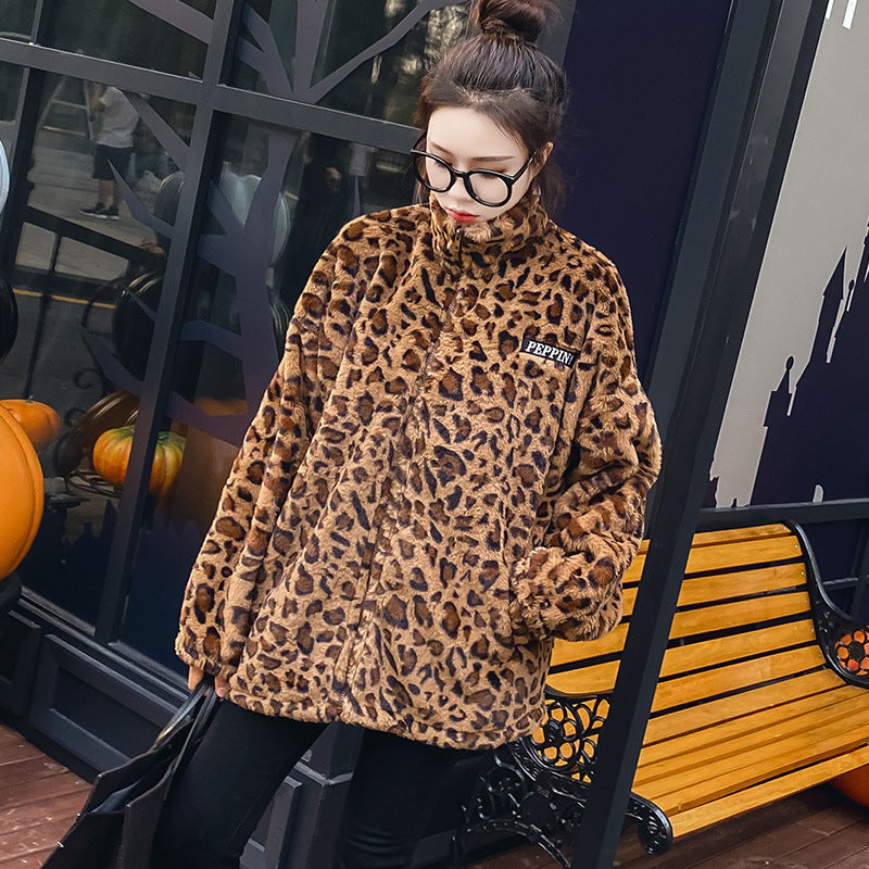 Coat Autumn And Winter Loose Lamb Wool Sweater Thick And Velvet Wild Leopard Print Cardigan Top