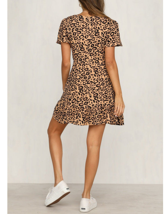 New Spring Women'S Dress Sexy V-Neck Leopard Print Short Sleeve Dress