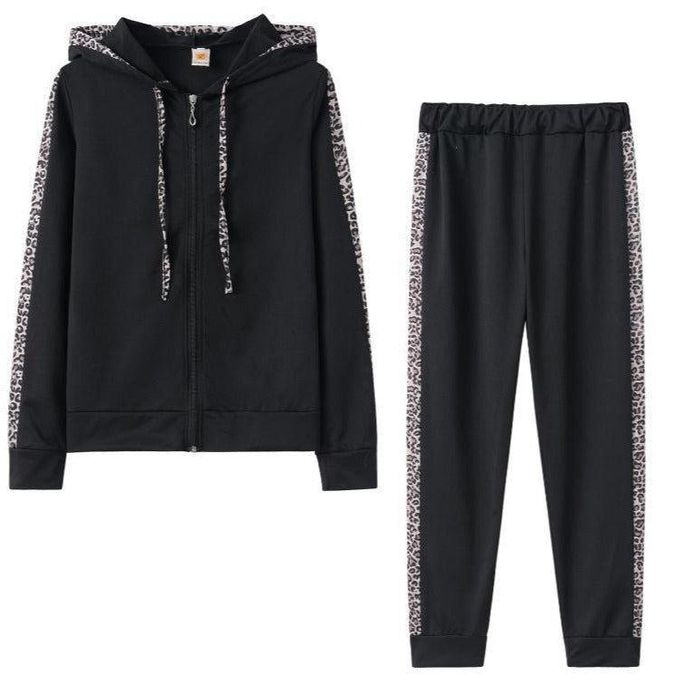 Leopard Print Long-Sleeved Pockets Plus Velvet Print Zipper Hoodie Trousers Autumn And Winter Women'S Suit