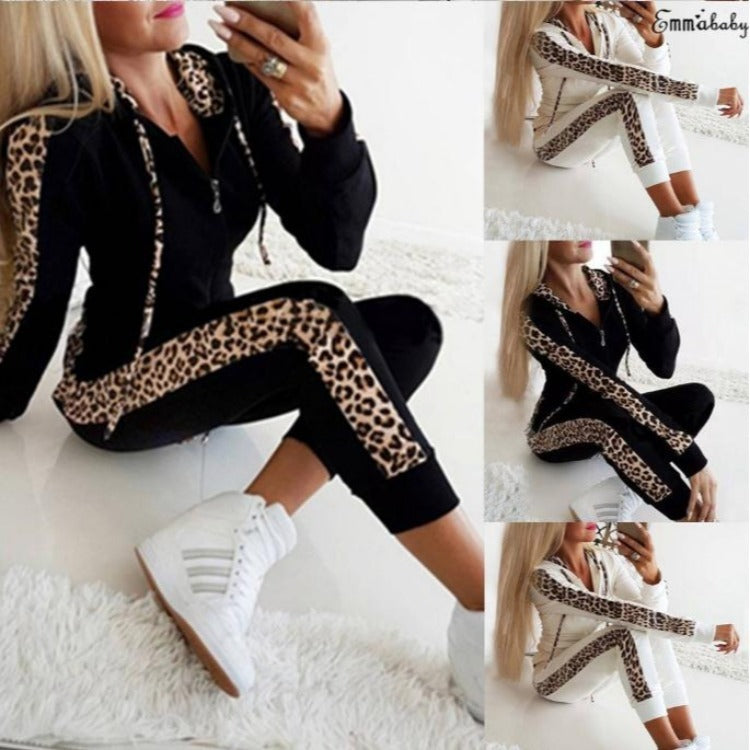 Leopard Print Long-Sleeved Pockets Plus Velvet Print Zipper Hoodie Trousers Autumn And Winter Women'S Suit
