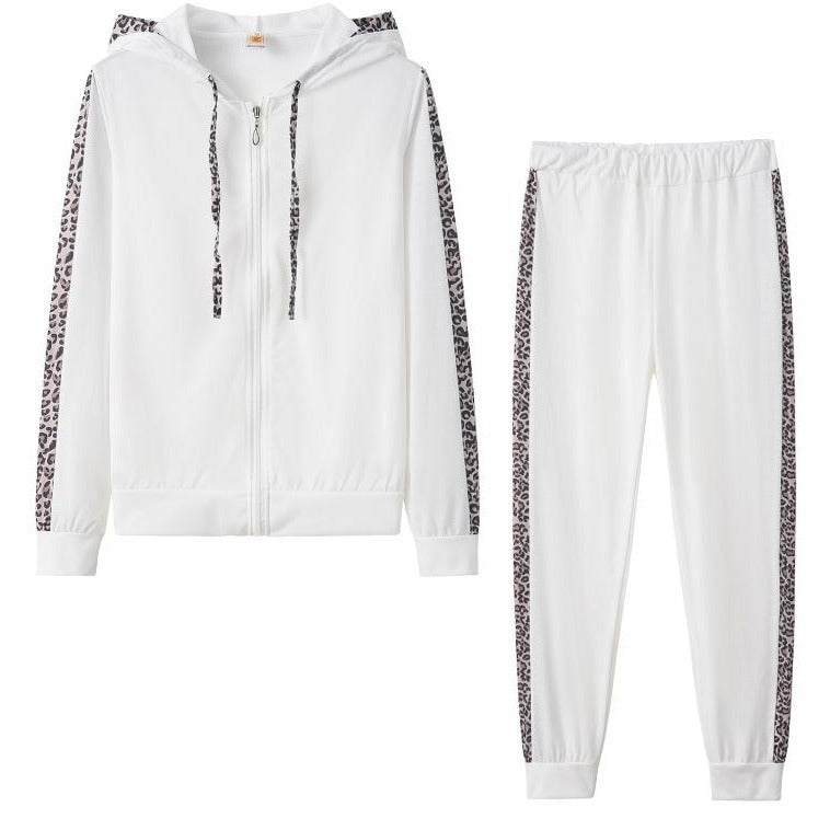 Leopard Print Long-Sleeved Pockets Plus Velvet Print Zipper Hoodie Trousers Autumn And Winter Women'S Suit