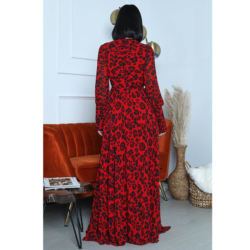 Printed Slit Long Skirt Leopard Print Sexy Deep V Long-sleeved Dress for Her