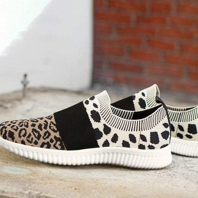 Damen Turnschuhe Schuhe Slip On gestrickt Casual Mesh Leopard Tennis Walking Socke Schuhe