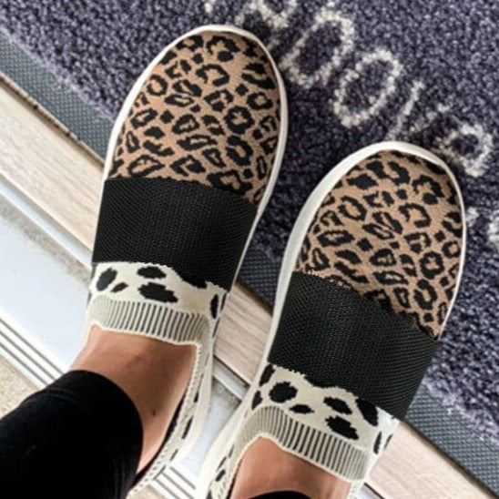 Damen Turnschuhe Schuhe Slip On gestrickt Casual Mesh Leopard Tennis Walking Socke Schuhe