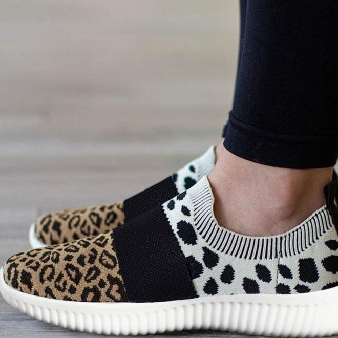 Damen Turnschuhe Schuhe Slip On gestrickt Casual Mesh Leopard Tennis Walking Socke Schuhe