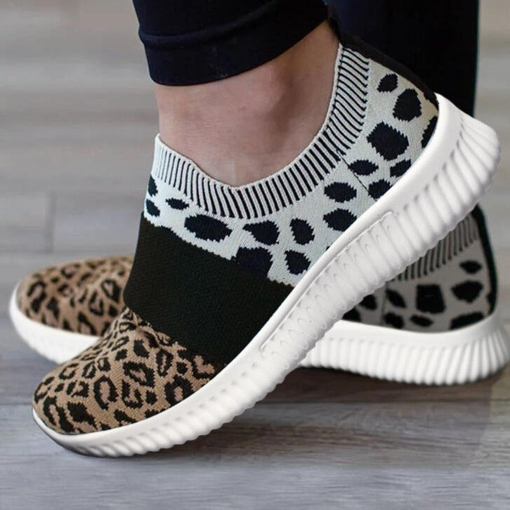 Damen Turnschuhe Schuhe Slip On gestrickt Casual Mesh Leopard Tennis Walking Socke Schuhe