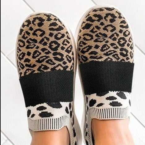 Damen Turnschuhe Schuhe Slip On gestrickt Casual Mesh Leopard Tennis Walking Socke Schuhe