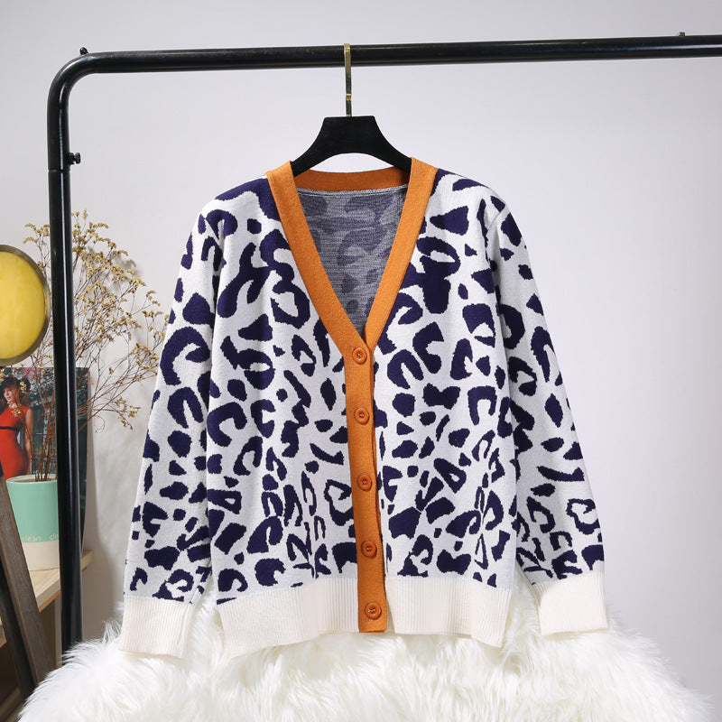 Sweater Jacket Women's Cardigan Loose Leopard Print Jacquard Double Thicken Knit