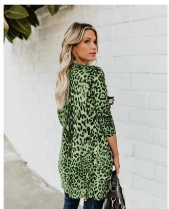 V-neck Long-sleeved Buttoned Leopard Print Coat