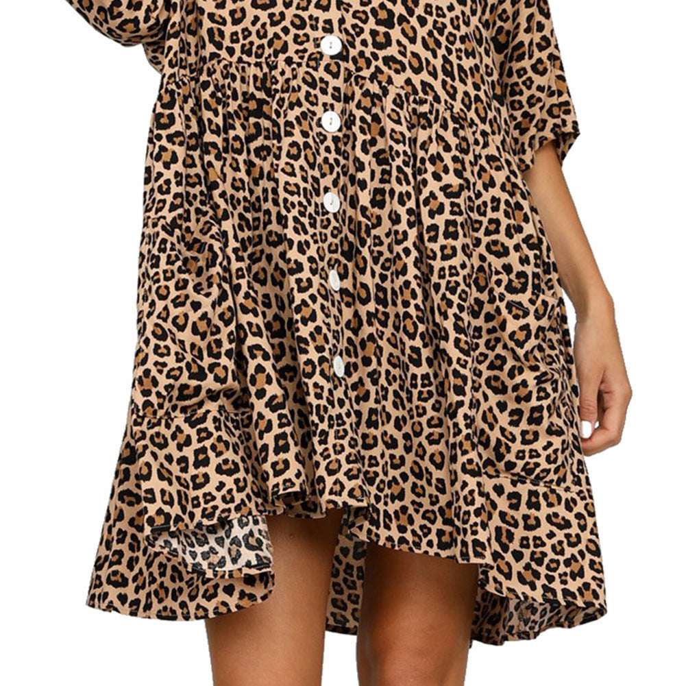 Einreihiges Kleid mit V-Ausschnitt und halben Ärmeln mit Leopardenmuster, locker und asymmetrisch