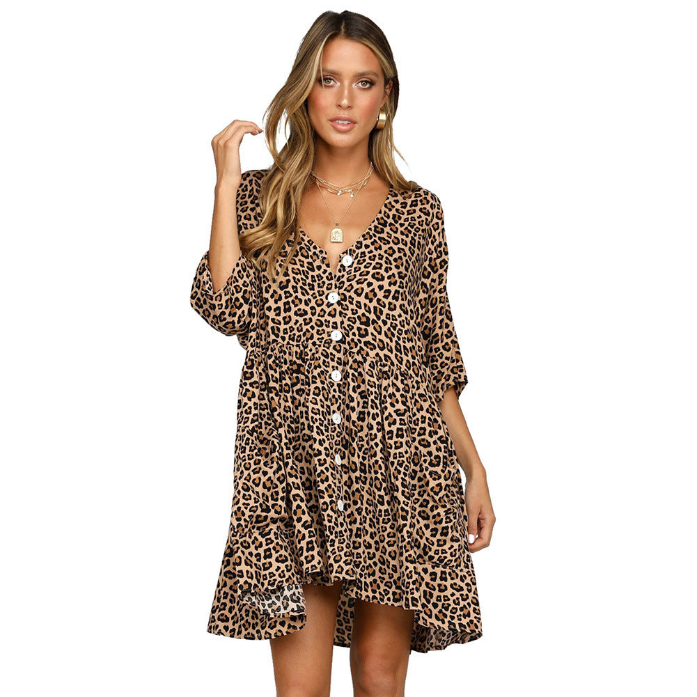 Einreihiges Kleid mit V-Ausschnitt und halben Ärmeln mit Leopardenmuster, locker und asymmetrisch