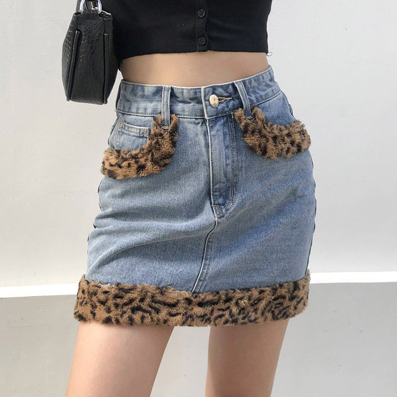 New Women's Skirt Ins European And American Style Fashion Leopard Print Hairy Color Matching Hip Denim Skirt Female Casual A-Line Skirt