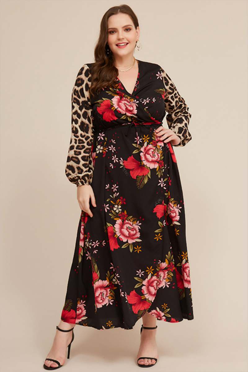 Spring Long Skirt Printed Leopard Print Long-sleeved V-neck Fat Mm Plus Size Women's Dress