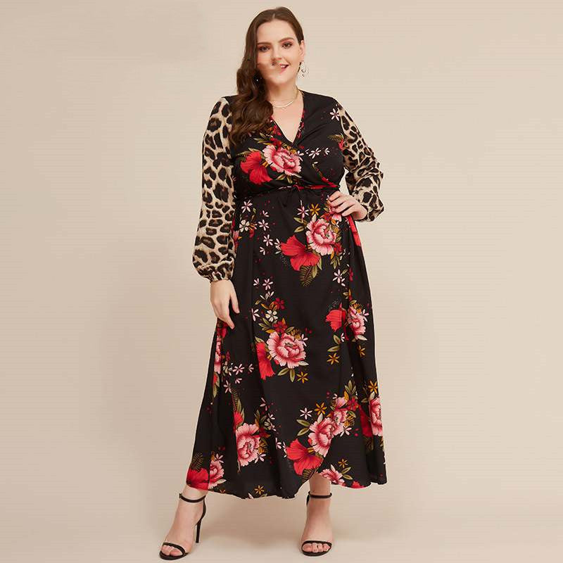 Spring Long Skirt Printed Leopard Print Long-sleeved V-neck Fat Mm Plus Size Women's Dress