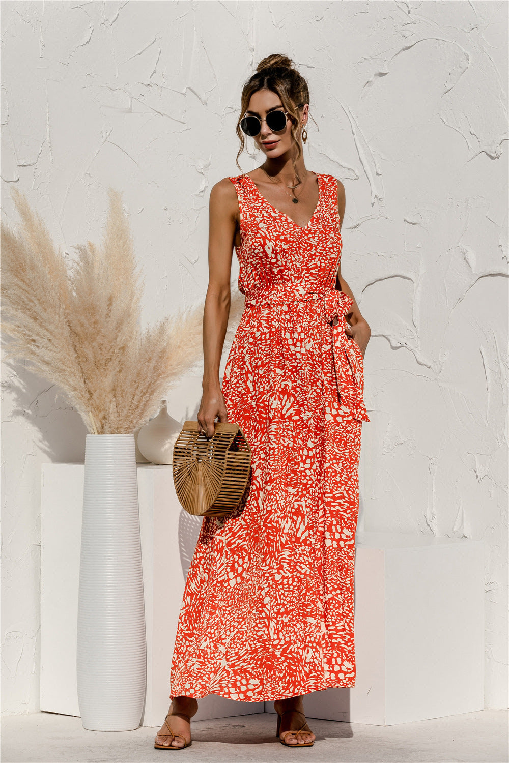Damen Mode Leopard gedruckt V-Ausschnitt Krawatte Kleid