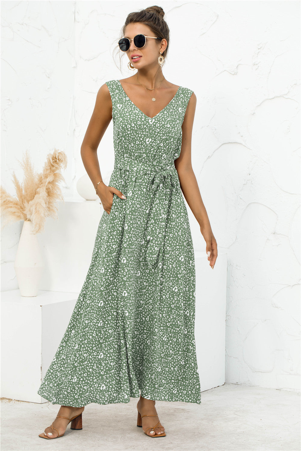 Damen Mode Leopard gedruckt V-Ausschnitt Krawatte Kleid