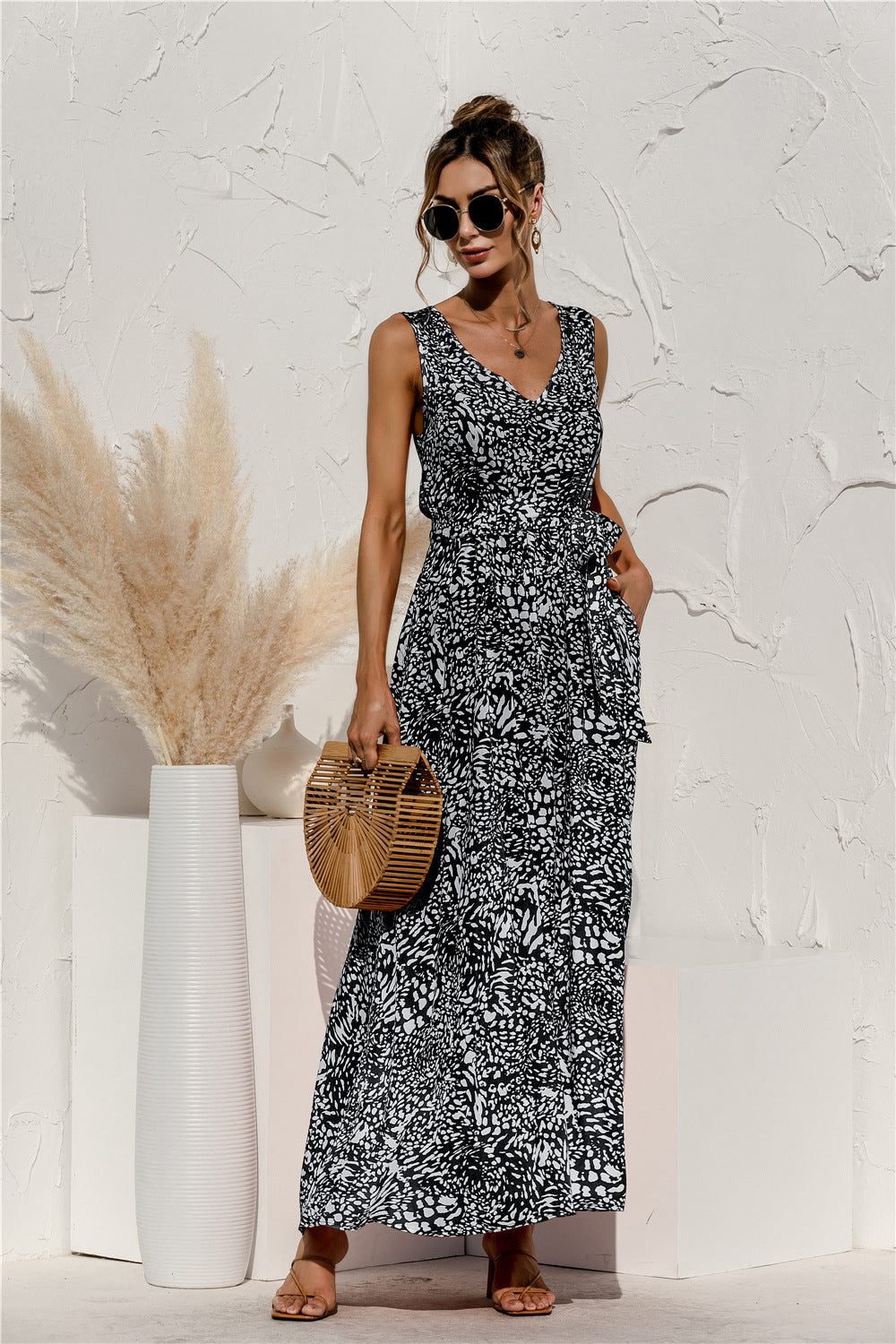 Damen Mode Leopard gedruckt V-Ausschnitt Krawatte Kleid