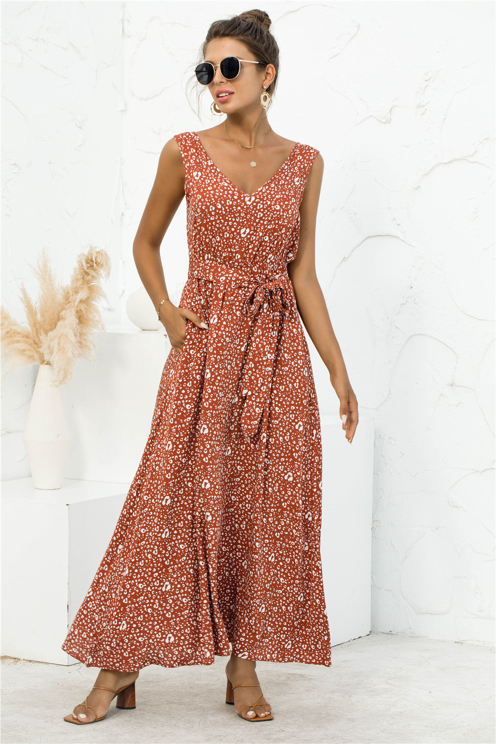 Damen Mode Leopard gedruckt V-Ausschnitt Krawatte Kleid