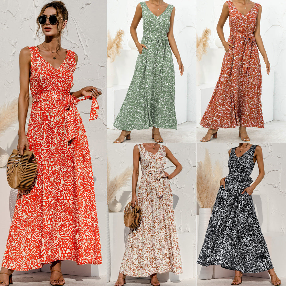 Damen Mode Leopard gedruckt V-Ausschnitt Krawatte Kleid