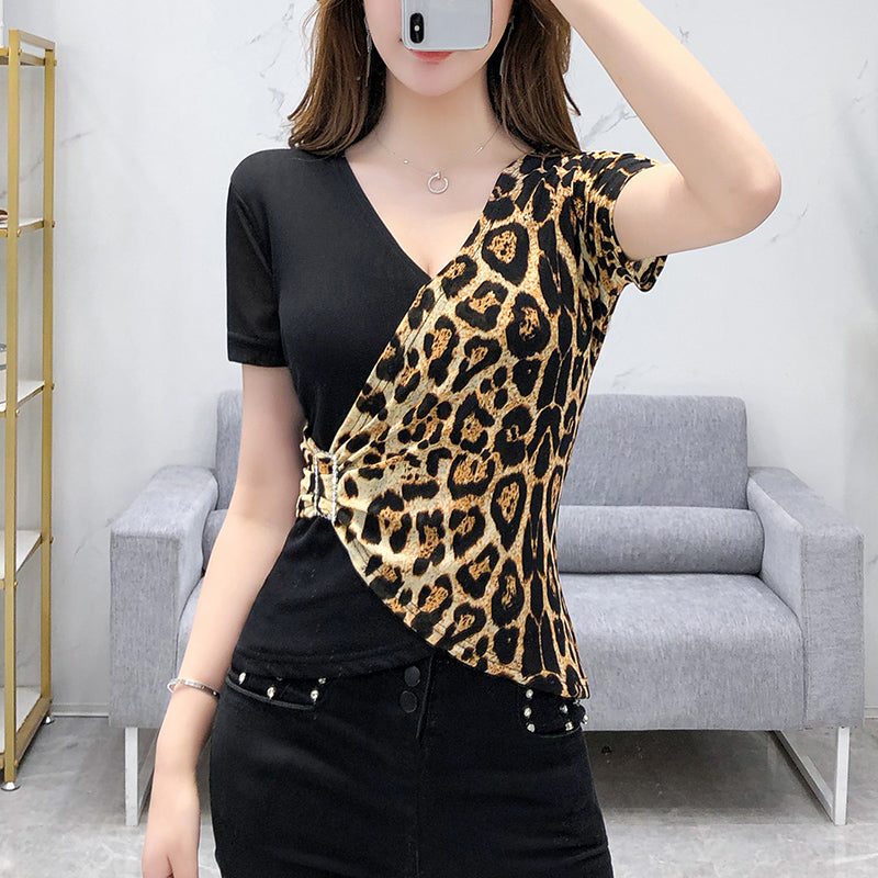 Summer Short Sleeve T Latin National Standard Dance V-Neck Top Leopard Print Sexy Friendship Modern Square Dance Shirt Training Suit
