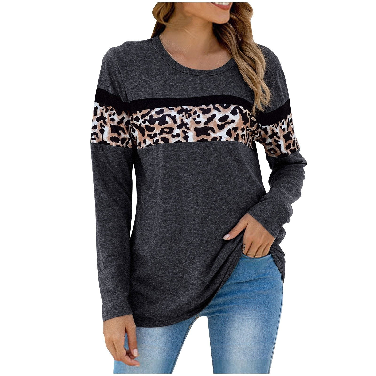 Langarm-T-Shirt mit Leopard Style und Nähten