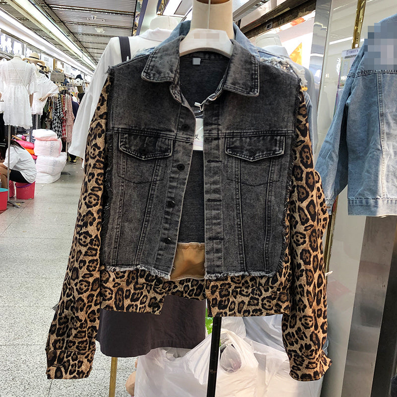 Ladies leopard stitching denim jacket