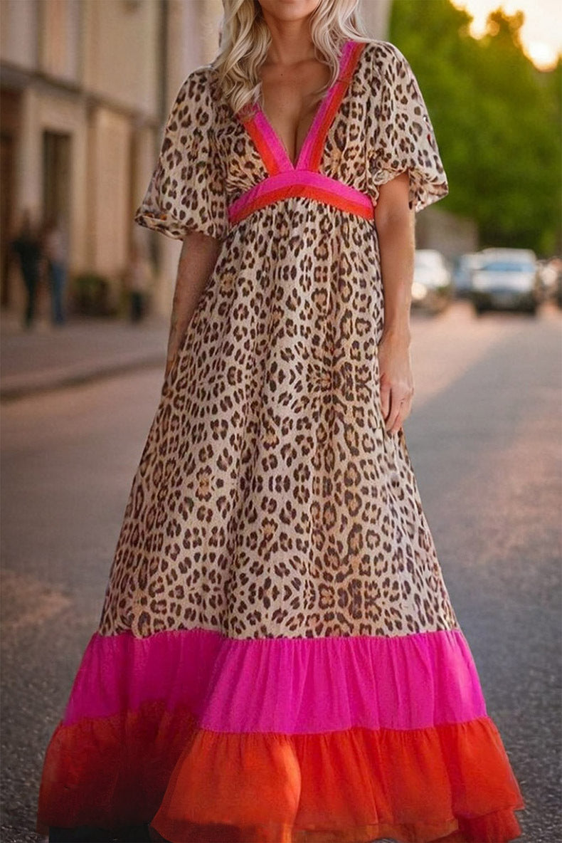 Mode Leopard Print Farblich abgestimmtes Kleid Frauen