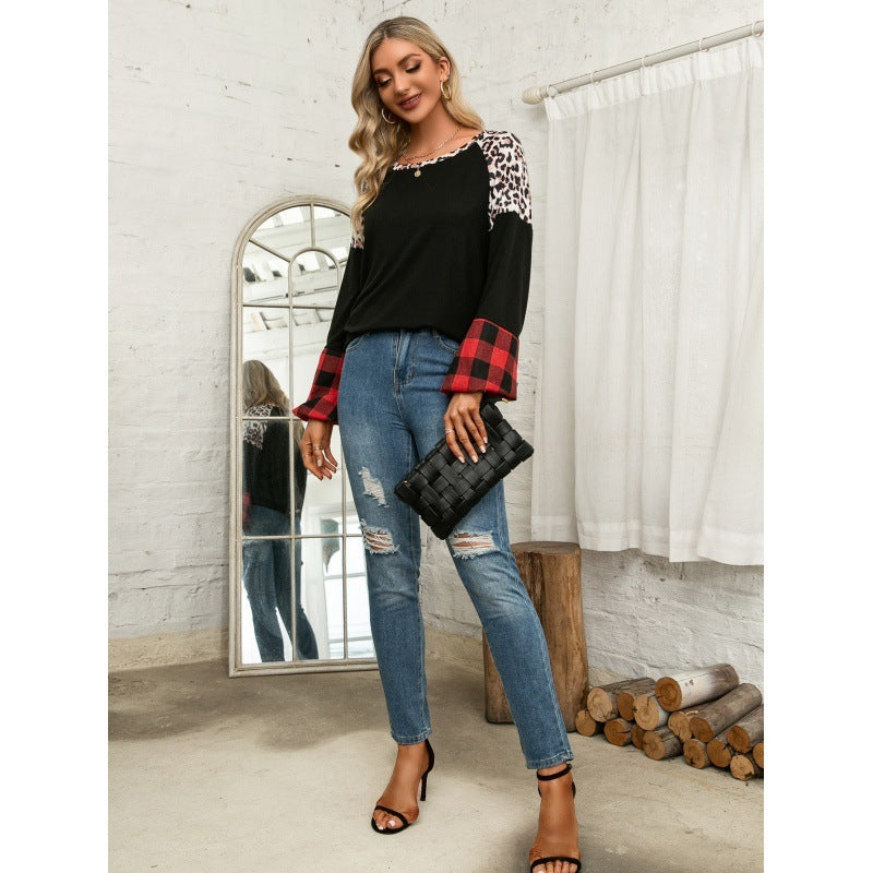 Lässiges Leopard Print Colorblock T-Shirt mit Rundhalsausschnitt und langen Ärmeln