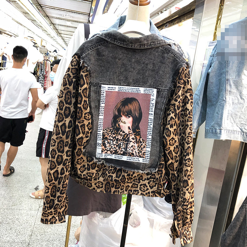 Ladies leopard stitching denim jacket